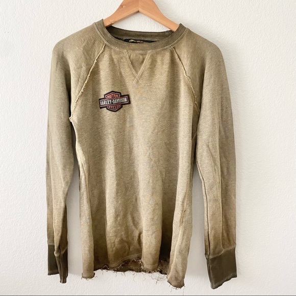 Harley-Davidson Tops - Harley Davidson Army Green Studded Crewneck Distressed Sweatshirt